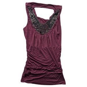 Mandee Womens Beaded Jewel Neck Ruched Sleeveless Top Plum Purple Large